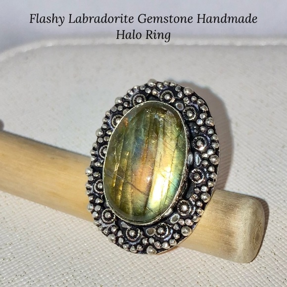 Flashy Natural Labradorite Gemstone Handmade Halo Ring - Picture 1 of 7